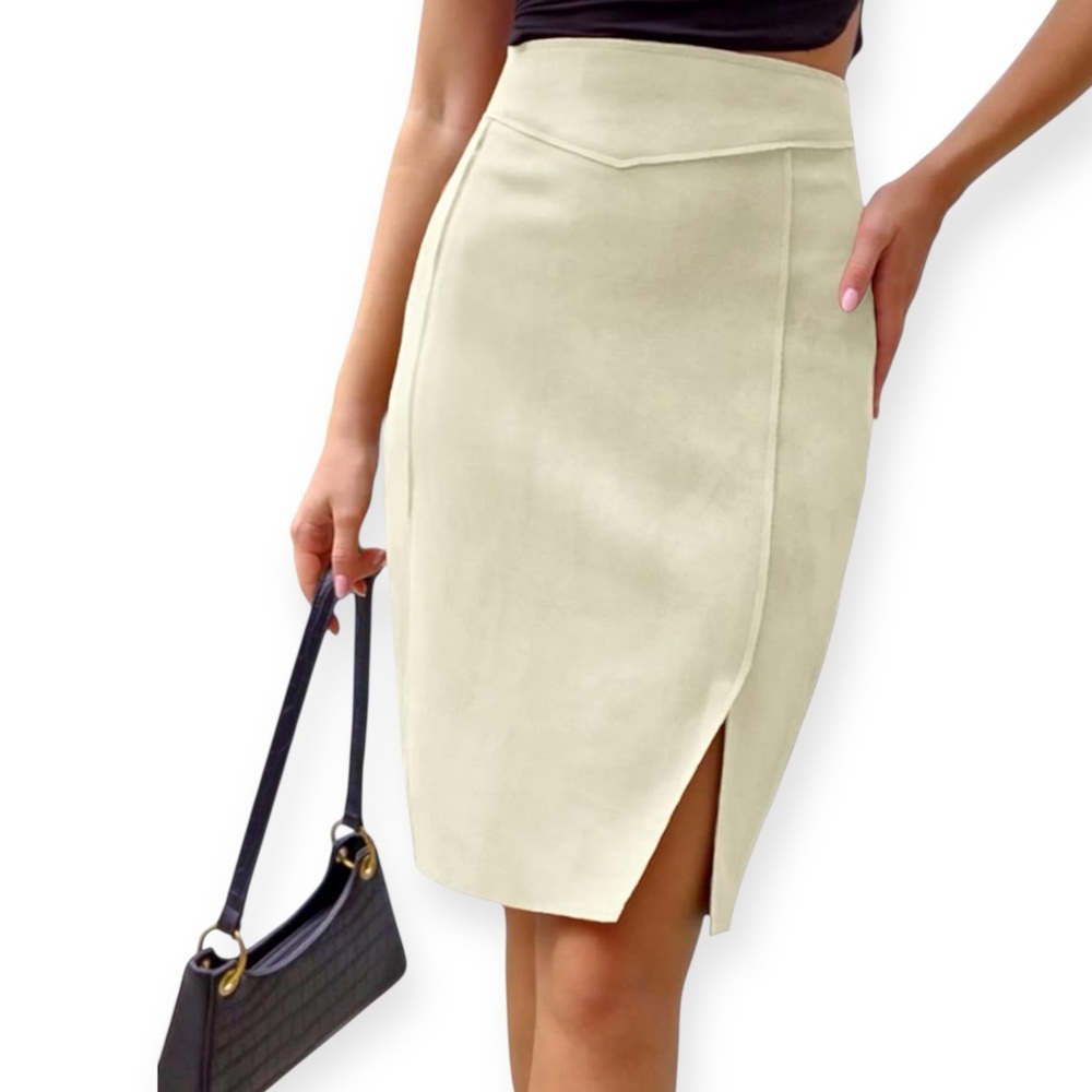NWOT Faux Suede Midi Pencil Skirt with Slit | Size L Stretch Microfiber Cream